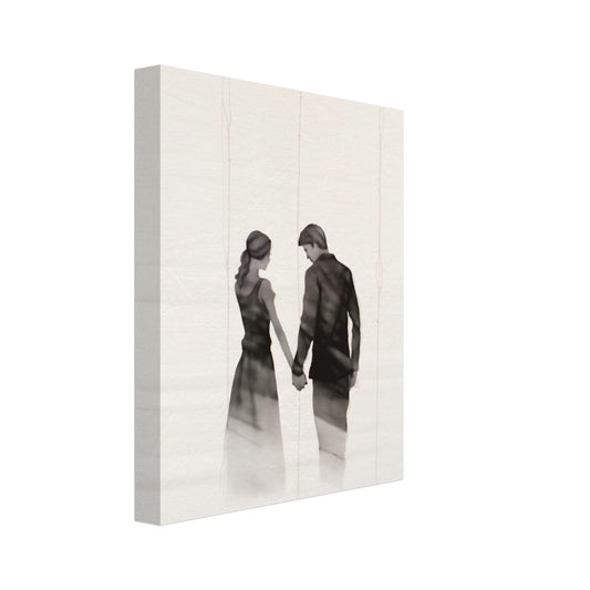 Leinwand „Verschmelzende Schatten“ mit zwei verschmelzenden Silhouetten in heller Nebelszene, 20x25 cm