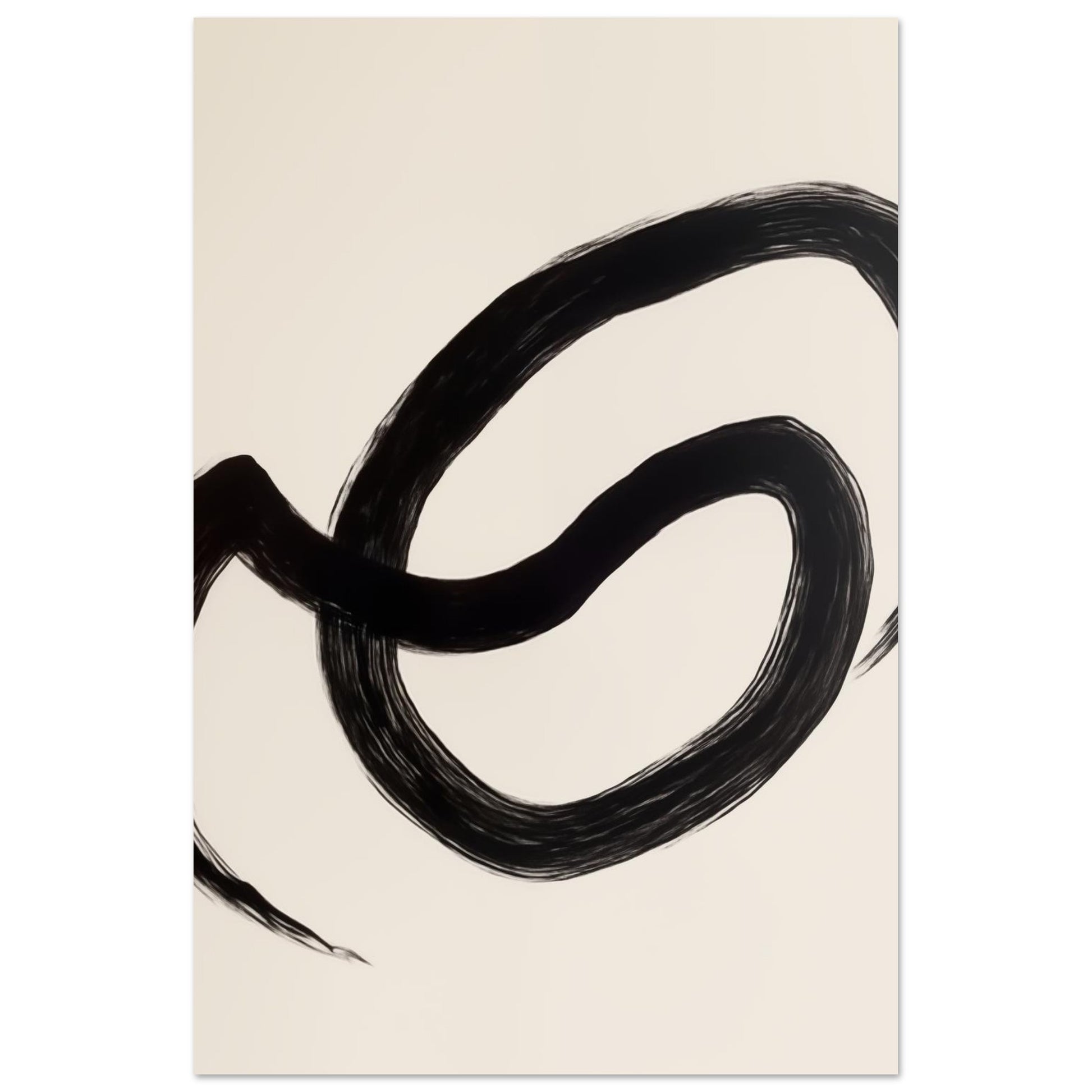 „Freier Schwung , Ausdruck in Bewegung“ mit freier schwarzer Pinselstrich als große geschwungene Schleife auf cremefarbenem Grund, 60x90 cm