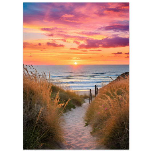 Poster „Dünenpfad“ mit Dünenpfad zum Meer unter rosa-orangefarbenem Sonnenuntergang, 13x18 cm
