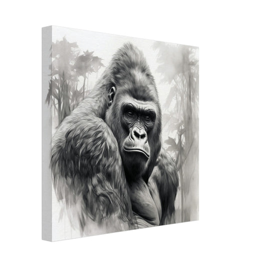Leinwand „Grübelnder König“ mit Silberrücken-Gorilla mit nebliger Waldlandschaft in Grau und Schwarz, 30x30 cm