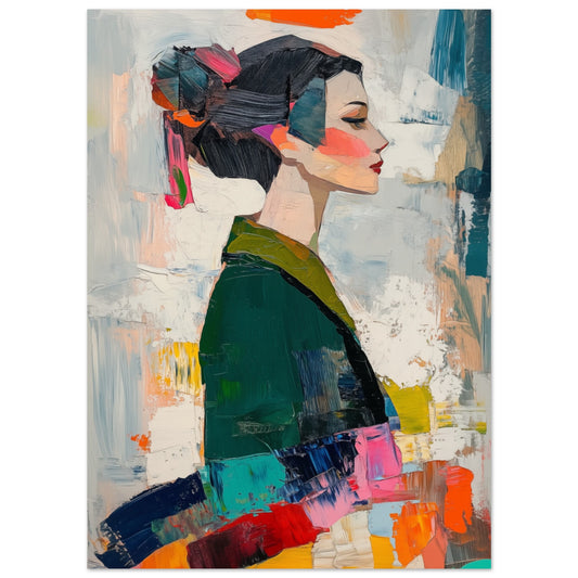 Poster „Abstraktes modernes Porträt einer Frau im Kimono“ mit Frau im Kimono im Profil vor Petrol, Apricot und Rosatönen, 13 × 18 cm
