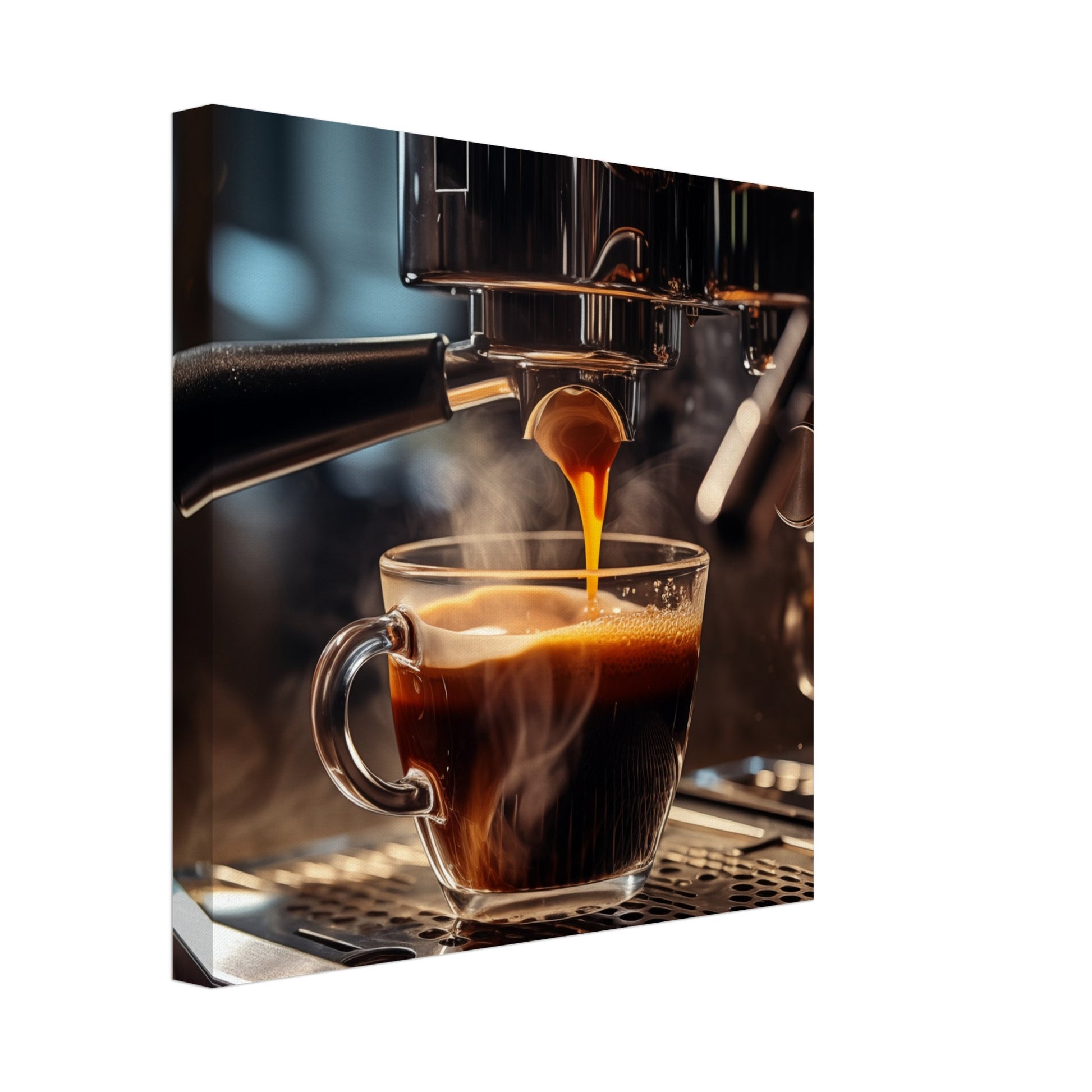 Leinwand „Espresso Exzellenz“ mit Espresso unter einer Kaffeemaschine mit warmem Dampf und dunklen, 30x30 cm