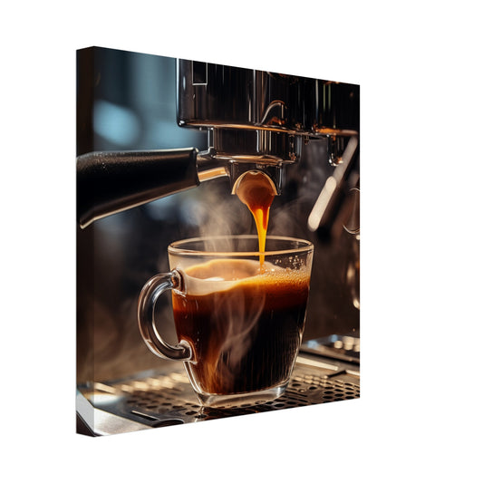 Leinwand „Espresso Exzellenz“ mit Espresso unter einer Kaffeemaschine mit warmem Dampf und dunklen, 30x30 cm