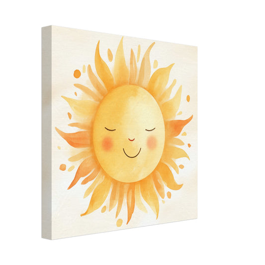 Leinwand „Solario Strahlenkind“ mit lächelnder gelber Sonne als sanfte Aquarellillustration, 30x30 cm
