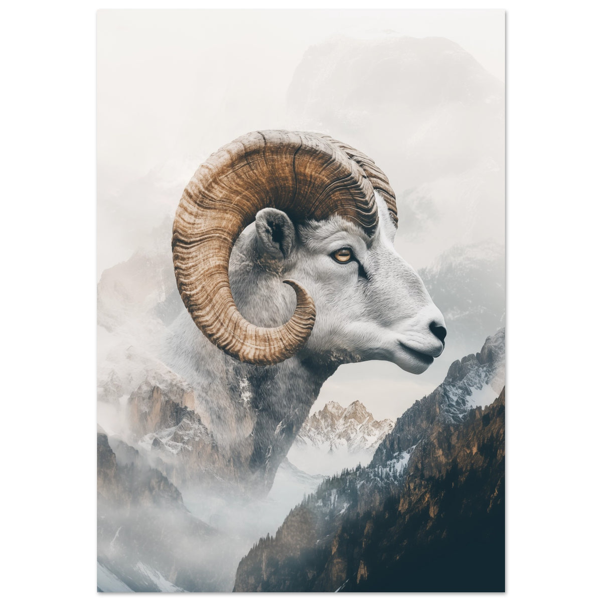 Wandbild „Majestatischer Steinbock , Kunstvolle Doppelbelichtung“ mit Steinbockporträt mit Berglandschaft als Doppelbelichtung, 70x100 cm
