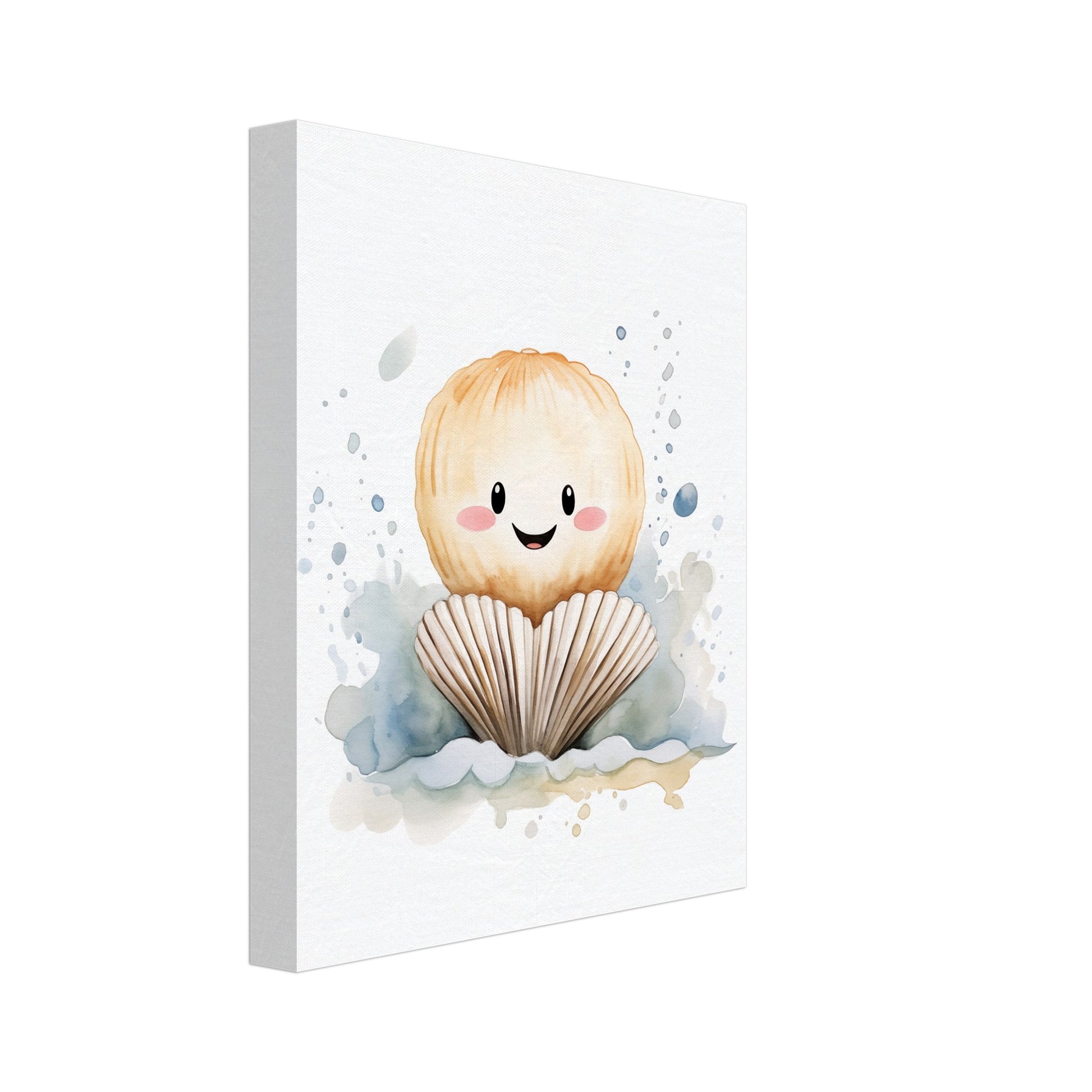 Leinwand „Muschel "Maurice"“ mit niedliche lächelnde Muschelfigur in zarter Kinderbuchoptik, 20x25 cm