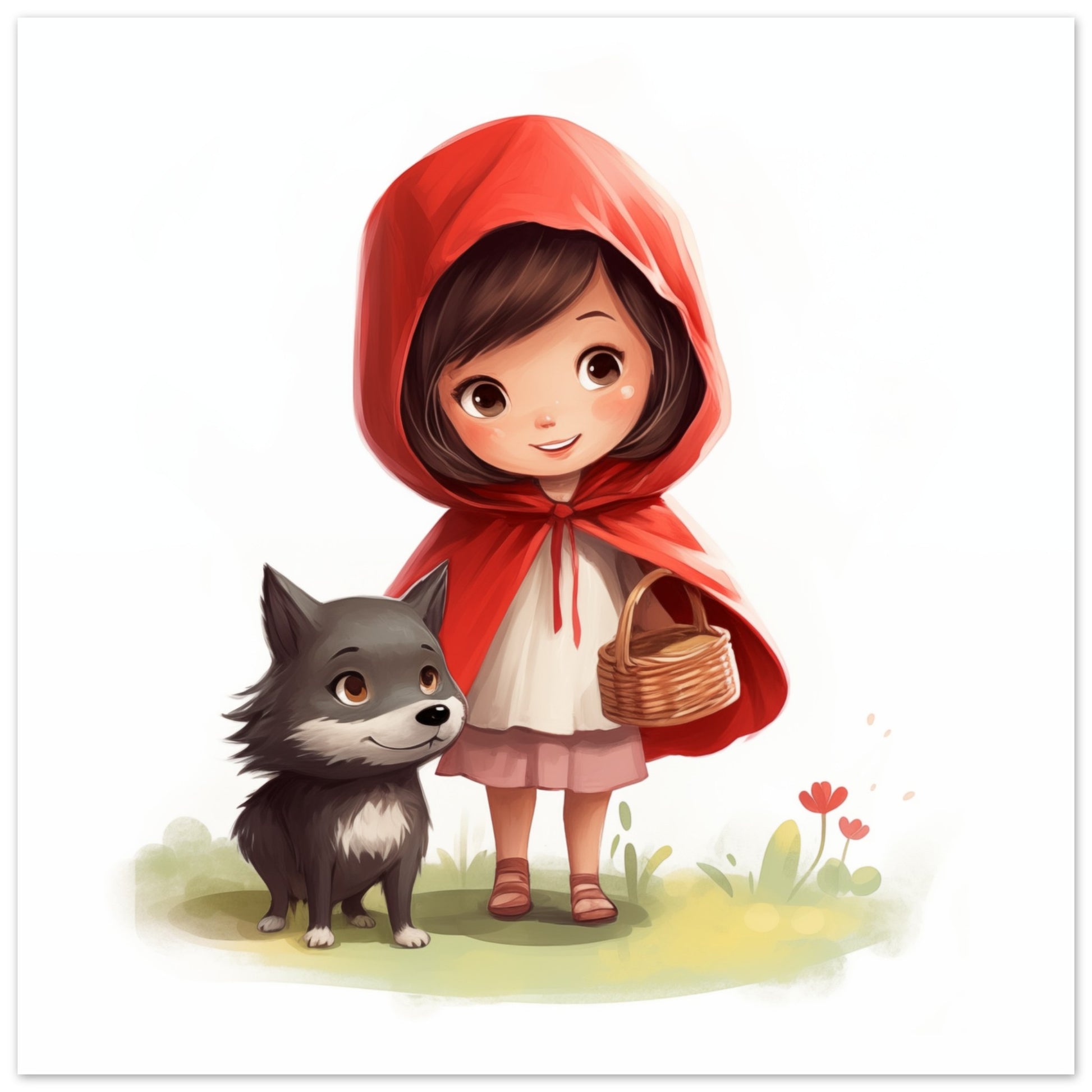 Poster „Ruby im Zauberwald“ mit Mädchen mit roter Kapuze und grauem Wolf, 30x30 cm