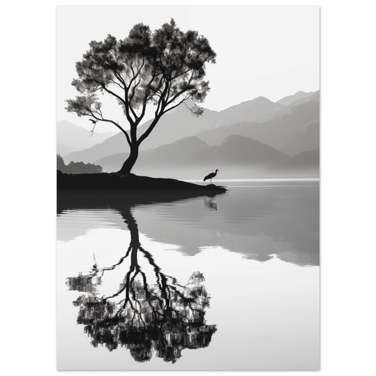 Poster „Reflexionen der Einsamkeit“ mit einsamem Baum mit Spiegelung vor nebligen Bergen, 13x18 cm