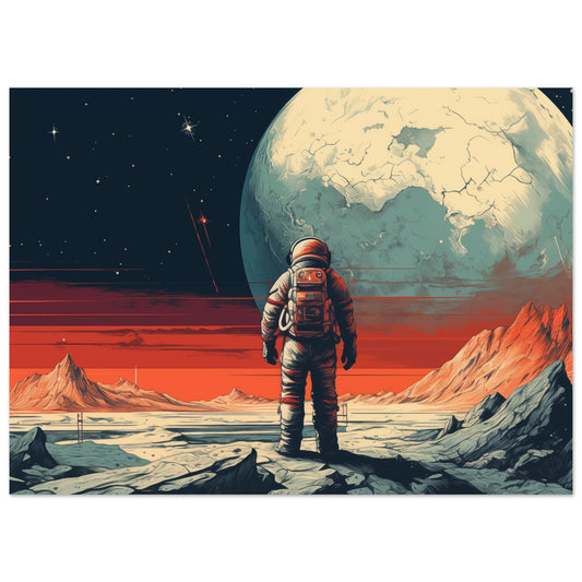 Poster „Horizonte des Unbekannten“ mit Astronaut vor fremder Planetlandschaft und riesigem Mond, 13x18 cm