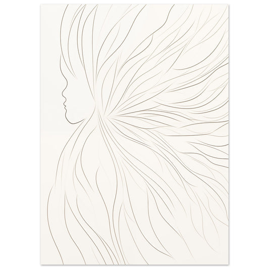 Poster „Eine Brise“ mit zarte cremefarbene Line-Art-Blüte auf weißem Grund, 13x18 cm