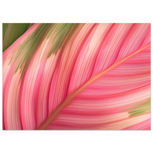 Poster „Calathea-Magie“ mit geschwungenes Calathea Blatt mit intensiven rosa und grünen Farbbändern, Format 13 × 18 cm