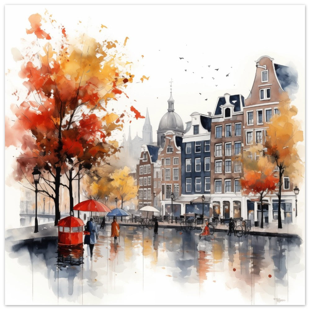 Poster „Kanal im Herbst“ mit herbstlicher Kanalszene mit historischen Häusern in Aquarelloptik, 50x50 cm
