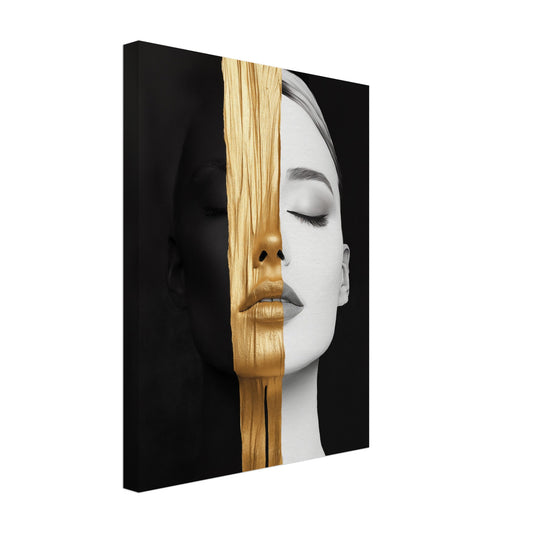 Leinwand „Goldene Dualität“ mit Schwarzweiß-Frauenporträt mit vertikalem goldenem Pinselstrich, 30x40 cm