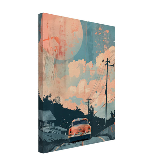 Leinwand „Retro Roadtrip“ mit Retro-Roadtrip mit Auto, weiter Straße und Bergen, 30x40 cm