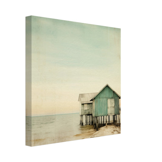 Leinwand „Stille über dem Wasser“ mit mintgrüner Strandhütte über ruhigem Wasser, 30x30 cm