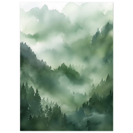 Poster „Morgendämmerung im Urwald“ mit nebliger Wald- und Berglandschaft in Grün und Mint, 13x18 cm