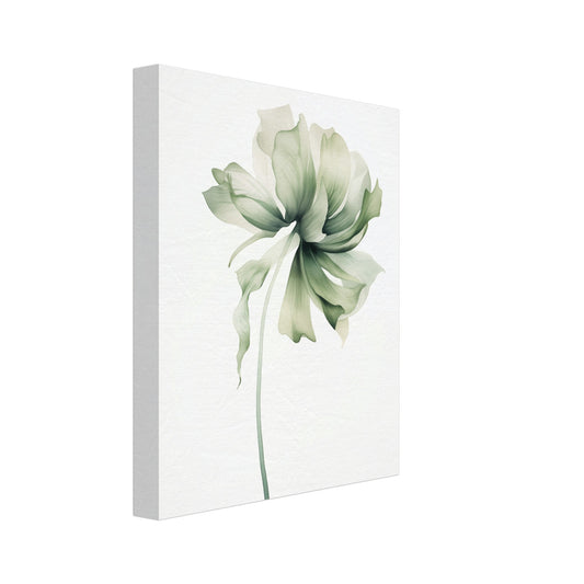 Leinwand „Florale Whisper“ mit einzelne zarte Blüte in Weiß und blassem Grün mit langem Stiel, 20x25 cm