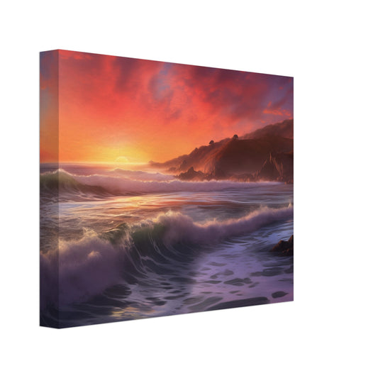 Leinwand „Sonnenuntergang am Küstenstrand“ mit Küstensonnenuntergang mit violetten Wellen und orangefarbenem Himmel, 20x25 cm