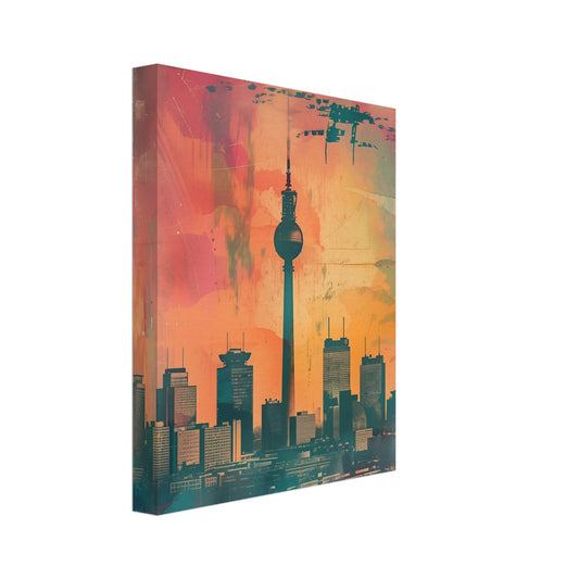 Leinwand „Zeitreise Berlin“ mit Berliner Fernsehturm und Skyline in Orange, Rosa und Petrol, 20x25 cm