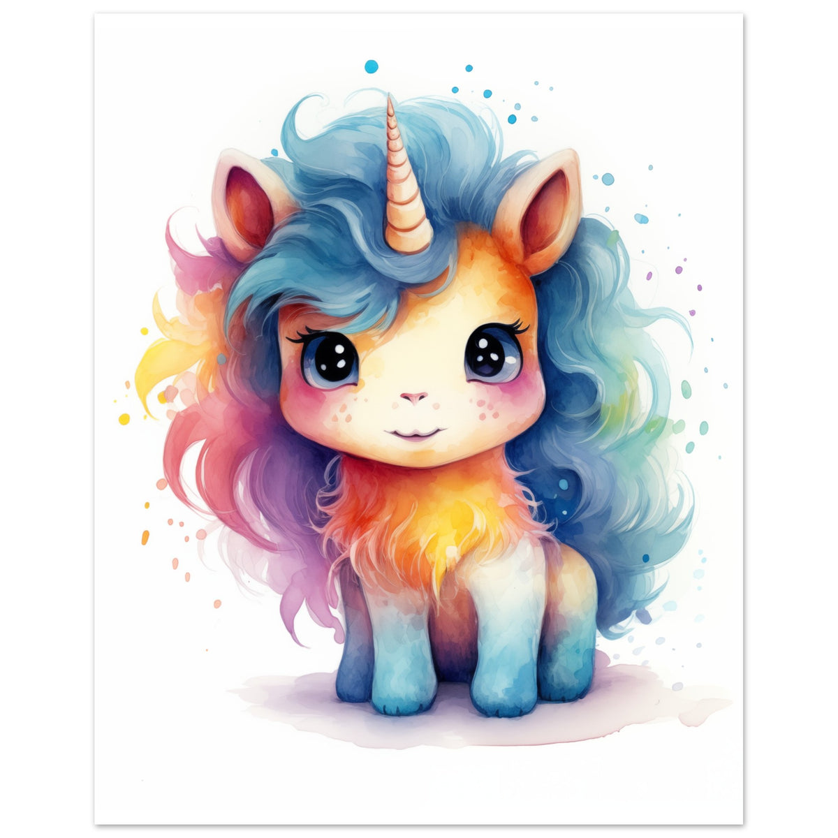 Poster „Einhorn "Stella"“ mit niedliches blaues Einhorn mit bunter Regenbogenmähne, 20x25 cm
