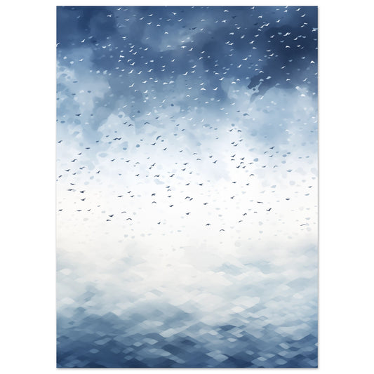 Poster „Vogelschwarm über dem Ozean“ mit Vogelschwarm über hellem Ozean unter Wolkenhimmel, 13x18 cm