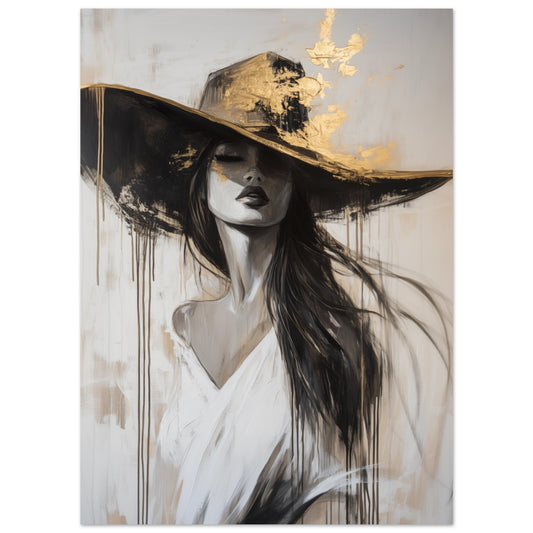 Poster „Elegante Frau mit Hut“ mit elegante Frau mit großem schwarzem Hut und goldenen Akzenten, 13x18 cm
