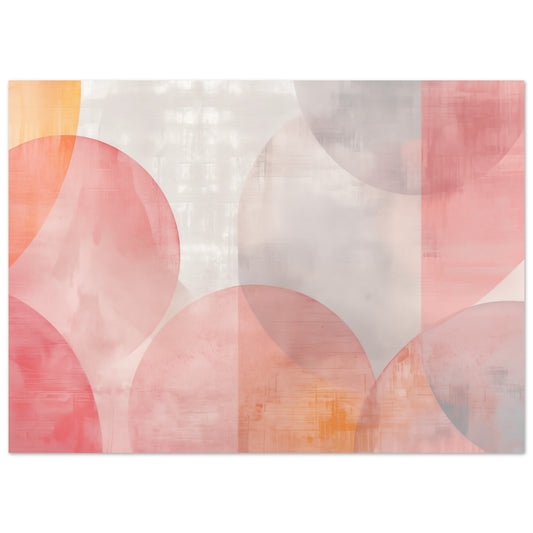 Poster „Geometrische Morgendämmerung“ mit weiche überlagerte Bögen und Halbkreise in Rosa, Koralle, Apricot und Creme, 13x18 cm