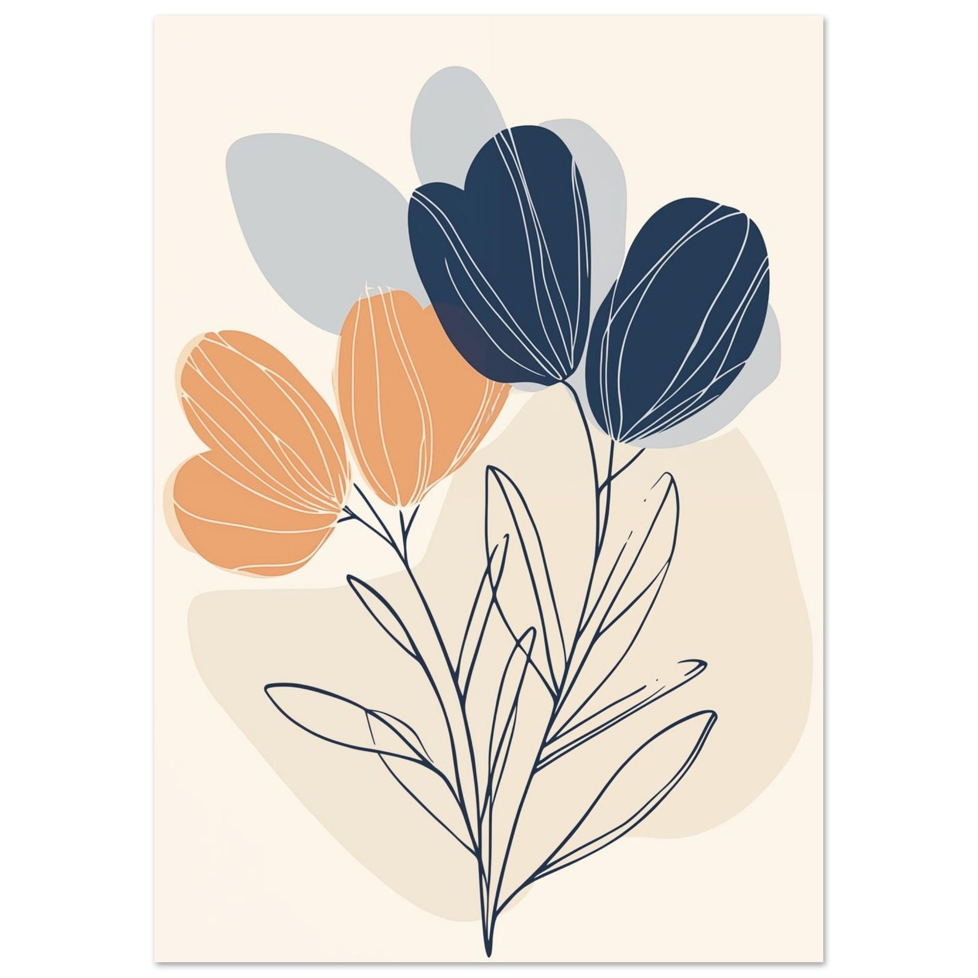 Abstrakte Blumen – Moderne Linienkunst in Blau und Orange 21x29.7 cm - Pixara