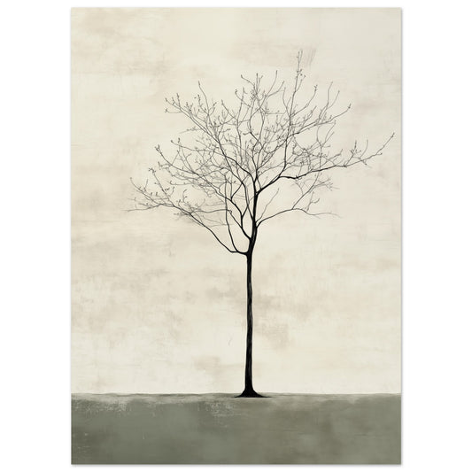 Poster „Einsamer Baum“ mit einsamer kahler Baum auf ruhigem creme-salbeigrünem Hintergrund, 13x18 cm