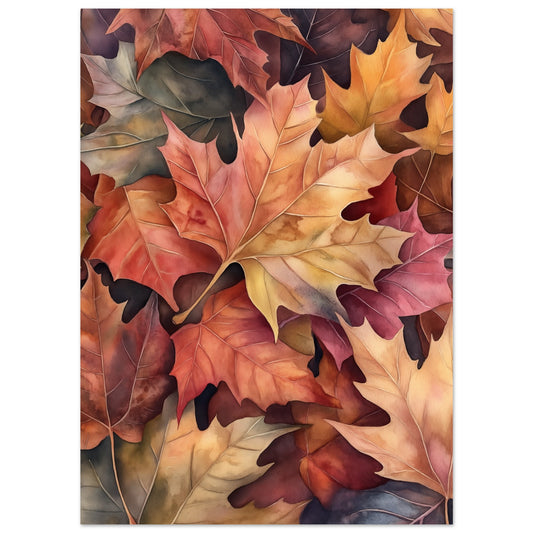 Poster „Herbstlaub in Aquarell“ mit dichtes Herbstlaub in Aquarelloptik mit Rot-, Rost-, Orange- und Gelbtönen, 13x18 cm