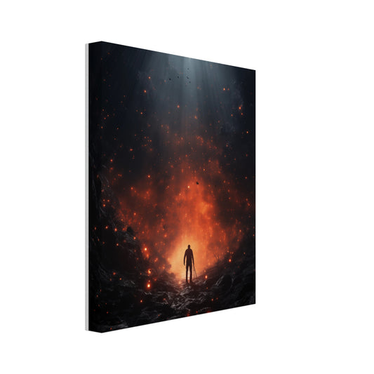 Leinwand „Caius“ mit einsamer Fantasywanderer vor glühender Aschelandschaft unter dunklem Himmel, Format 20 × 25 cm