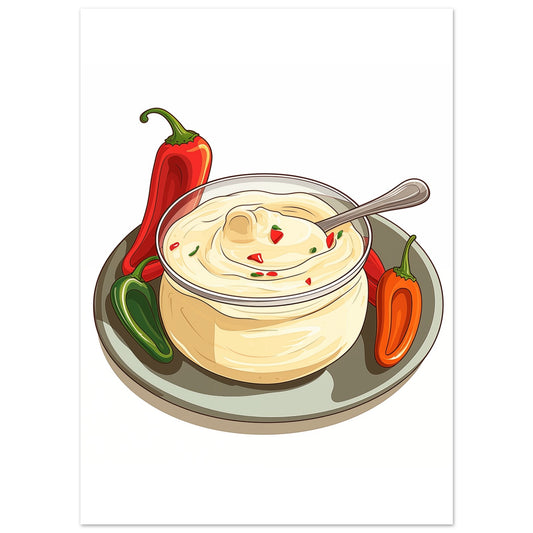 Poster „Würzige Cremigkeit“ mit cremigem Dip mit roten und grünen Chilis, 13x18 cm