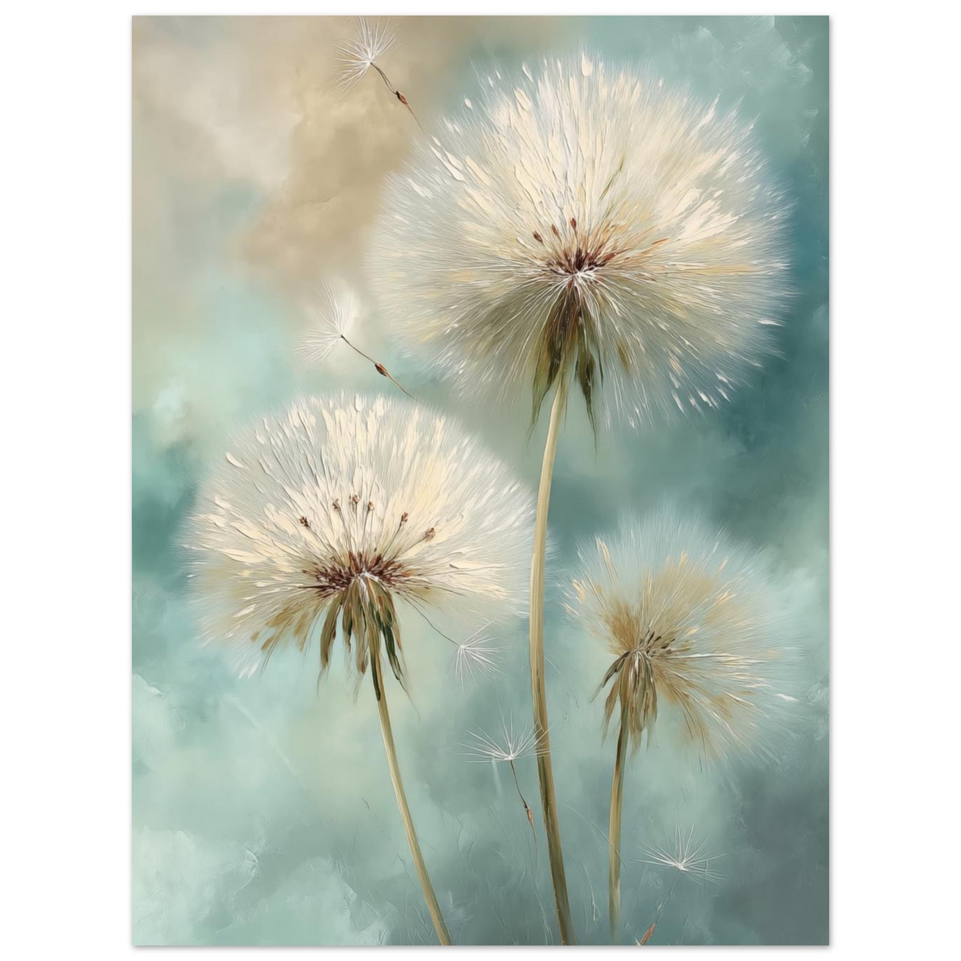 Wandbild „Pusteblumen im Wind“ mit drei Pusteblumen vor Hintergrund in Mint, Creme und Sand, 30x40 cm