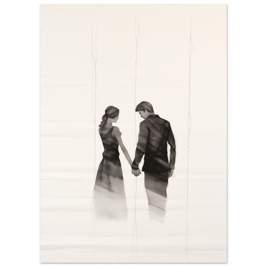 Poster „Verschmelzende Schatten“ mit zwei verschmelzenden Silhouetten in heller Nebelszene, 13x18 cm