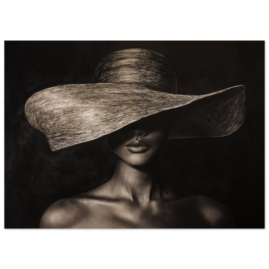 Poster „Monochrome Mystik“ mit mystischem Frauenporträt mit breitem Hut in Schwarz und Sepia, 13x18 cm