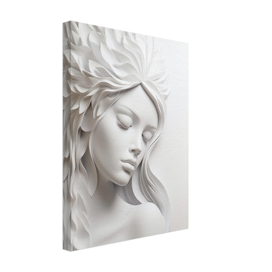 Leinwand „Schlummernde Sinfonie“ mit weißer Frauenbüste mit geschlossenen Augen und Blütenformen, 30x40 cm