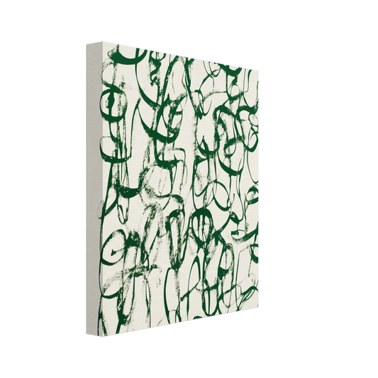 Leinwand „Verworrene Gedanken , Abstrakte grüne Kalligrafie“ mit grünem Geflecht aus kalligrafischen Linien und Schleifen, 20x25 cm