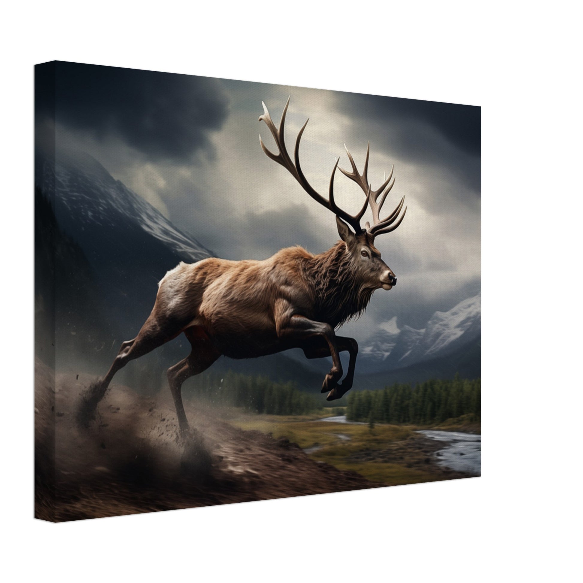 Leinwand „Eilender Monarch“ mit Hirsch in Bewegung vor dunkler Berglandschaft, 30x40 cm