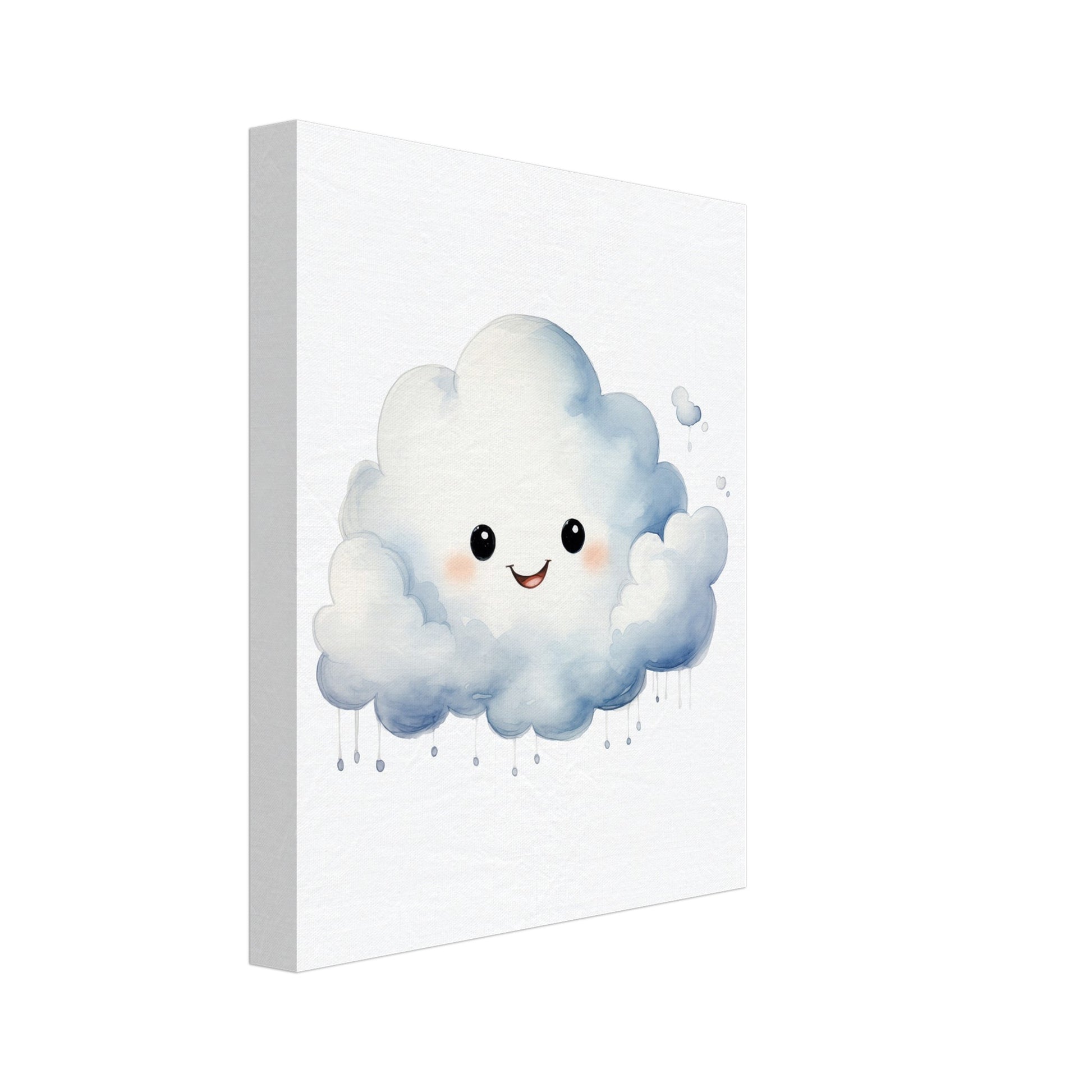 Leinwand „Clara, die Wolke“ mit lächelnde weiße Cartoonwolke mit kleinen Regentropfen, Format 20 × 25 cm