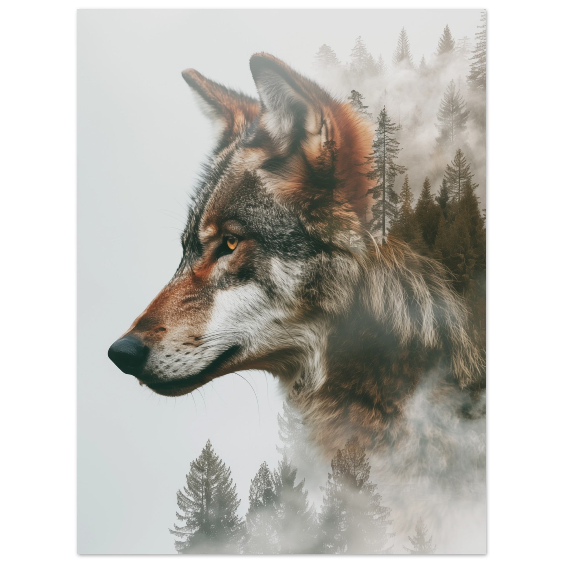 Wandbild „Wolf im Wald“ mit Wolfsporträt mit nebligem Wald als Doppelbelichtung, 30x40 cm