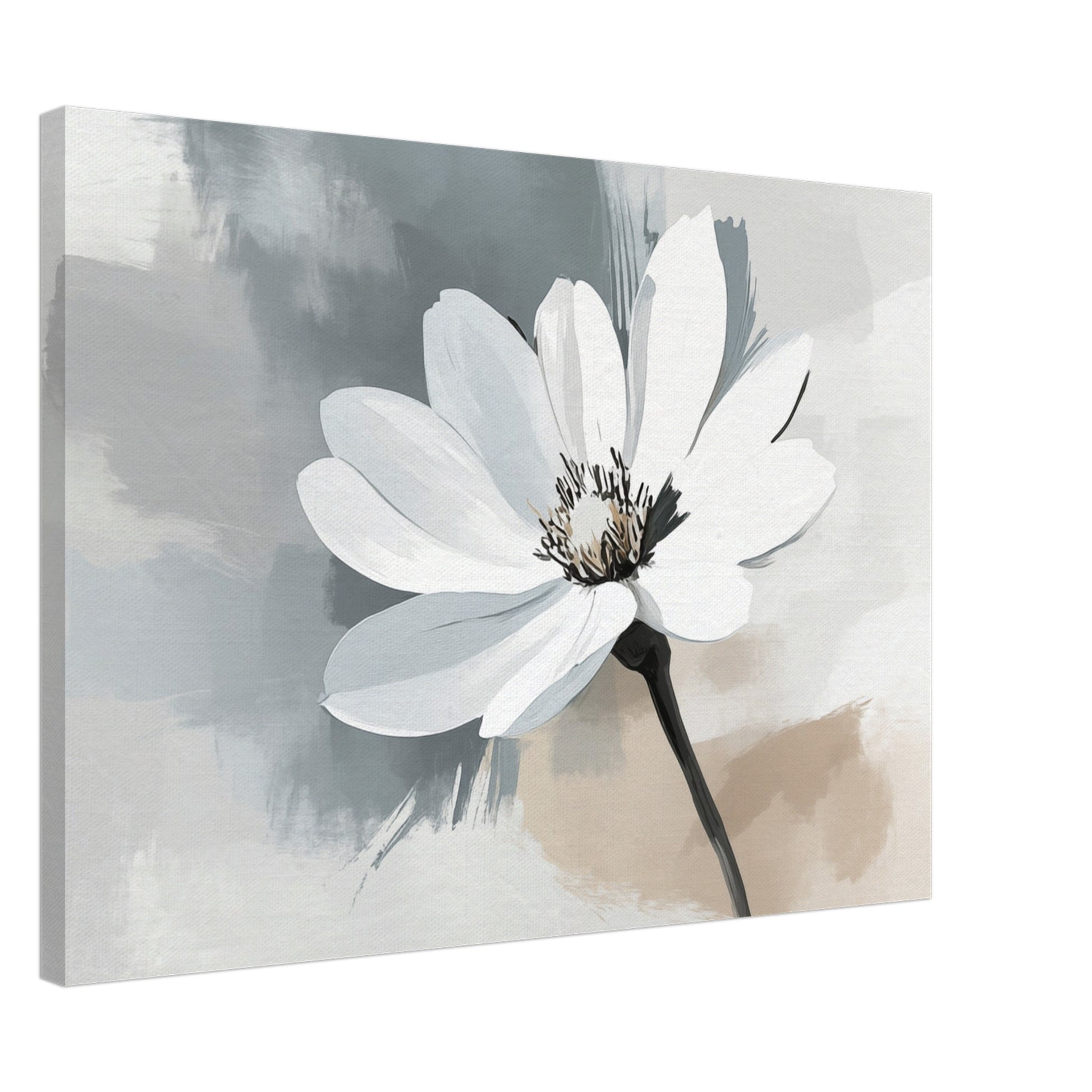 Leinwand „Elegante Einfachheit: Blüten in Pinselstrichen“ mit weiße Blüte mit graubeigen aquarellierten Pinselstrichen, 50x70 cm