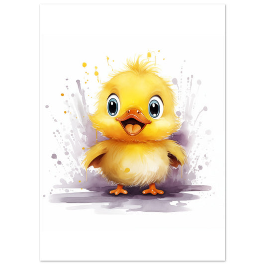 Poster „Entchen "Dolly"“ mit niedliches gelbes Entenküken mit Aquarellspritzern, 13x18 cm