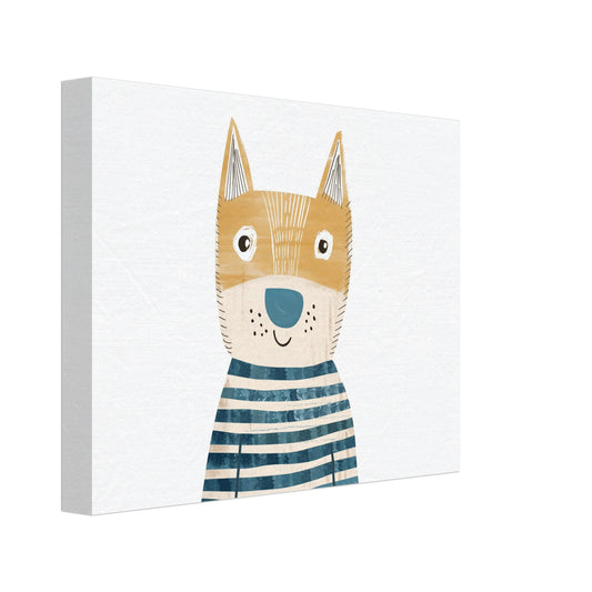 Leinwand „Bodo der freundliche Hund“ mit freundlicher illustrierter Hund mit gestreiftem Pullover, Format 20 × 25 cm