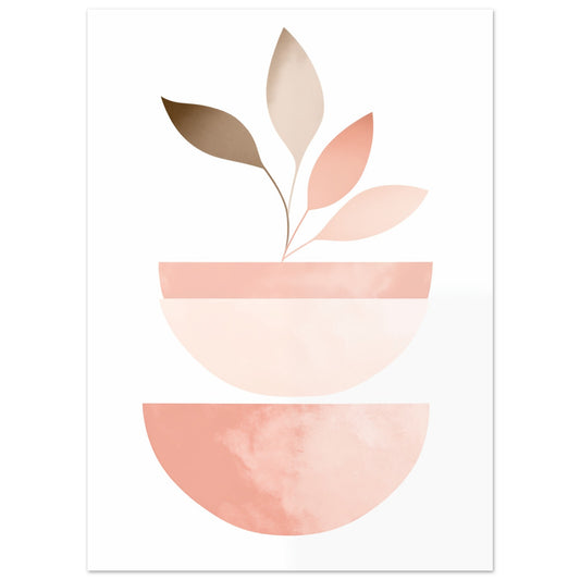 Poster „Boho Balance“ mit minimalistische Boho Komposition aus Blättern und rosafarbenen Halbformen, Format 13 × 18 cm