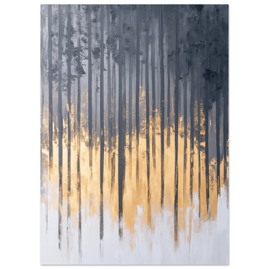 Poster „Sonnenaufgang im Birkenwald“ mit abstraktem Birkenwald aus Grau-, Schwarz- und Goldstrukturen, 13x18 cm