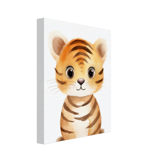 Leinwand „"Tiko", der kleine Tiger“ mit niedlicher Tigerkopf mit großen Augen und warmen orange-braunen Streifen, 20x25 cm