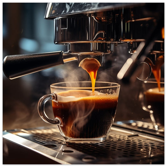 Poster „Espresso Exzellenz“ mit Espresso unter einer Kaffeemaschine mit warmem Dampf und dunklen, 25x25 cm