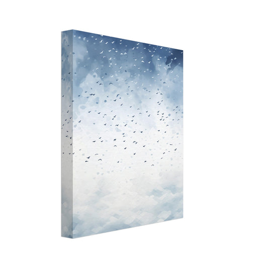 Leinwand „Vogelschwarm über dem Ozean“ mit Vogelschwarm über hellem Ozean unter Wolkenhimmel, 20x25 cm