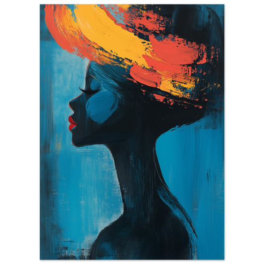 Poster „Silhouette mit lebendigen Farben“ mit Frauenprofil mit orangegelben Pinselstrichen vor Blau, 13x18 cm