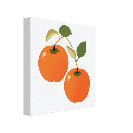 Leinwand „Persimonen Duo“ mit zwei orangefarbene Persimonen mit grünen Blättern auf weißem Grund, 20x20 cm